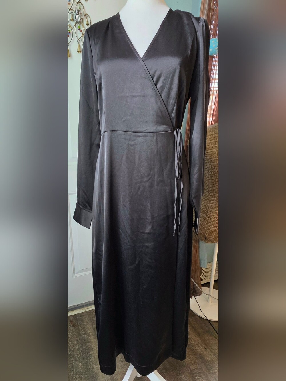 Y.A.S Asos Pella Satin Wrap Midi Dress Womens S Black Long Sleeve Classic Sleek